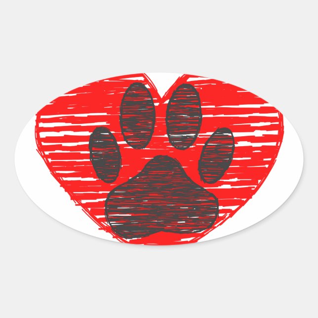 Sketched Dog Paw In Red Heart Oval Sticker (Front)