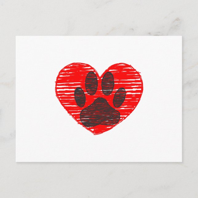 Sketched Dog Paw In Red Heart Postcard (Front)