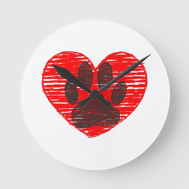 Sketched Dog Paw In Red Heart Round Clock (Front)