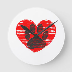 Sketched Dog Paw In Red Heart Round Clock