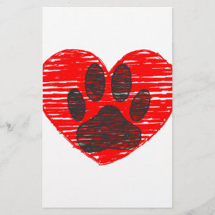 Sketched Dog Paw In Red Heart Stationery