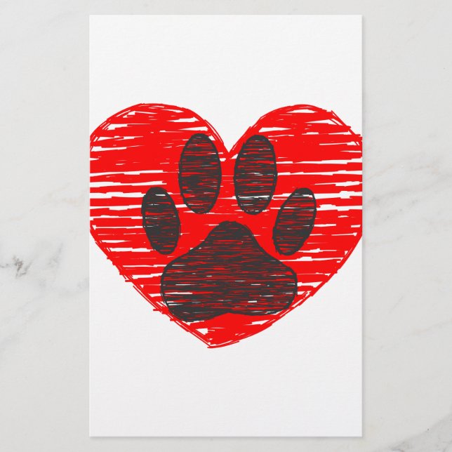 Sketched Dog Paw In Red Heart Stationery (Front)