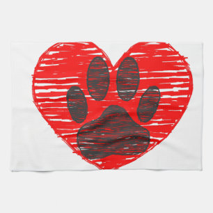 Sketched Dog Paw In Red Heart Tea Towel