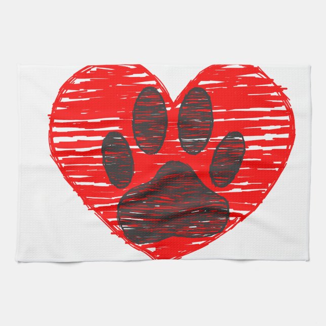 Sketched Dog Paw In Red Heart Tea Towel (Horizontal)