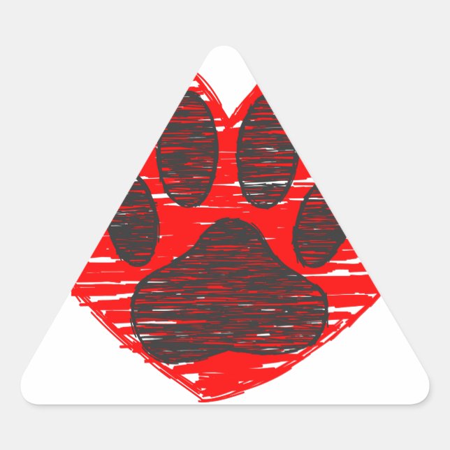 Sketched Dog Paw In Red Heart Triangle Sticker (Front)