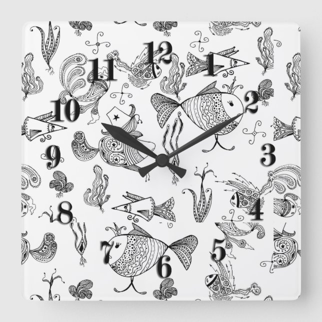 Sketched fairy fantasy fishes creachers plants sea square wall clock (Front)