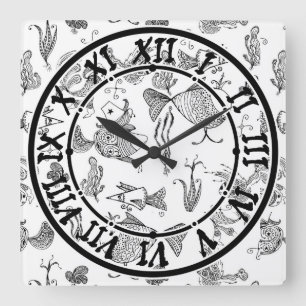 Sketched fairy fantasy fishes creachers plants sea square wall clock