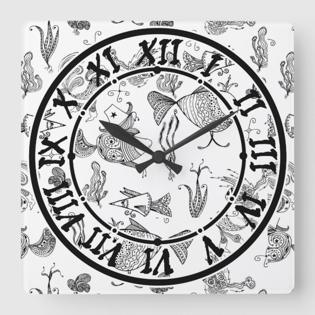 Sketched fairy fantasy fishes creachers plants sea square wall clock (Front)