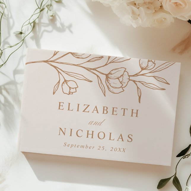 Sketched Floral Almond and Copper Photo Wedding Guest Book (Creator Uploaded)