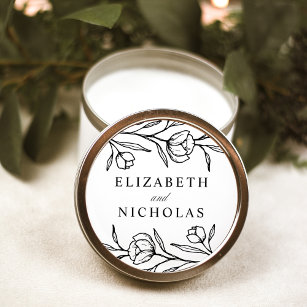 Sketched Floral Black and White Wedding Classic Round Sticker