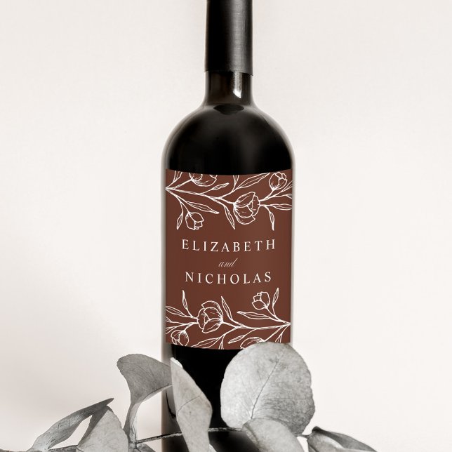 Sketched Floral Brown Wedding Wine Label (Creator Uploaded)