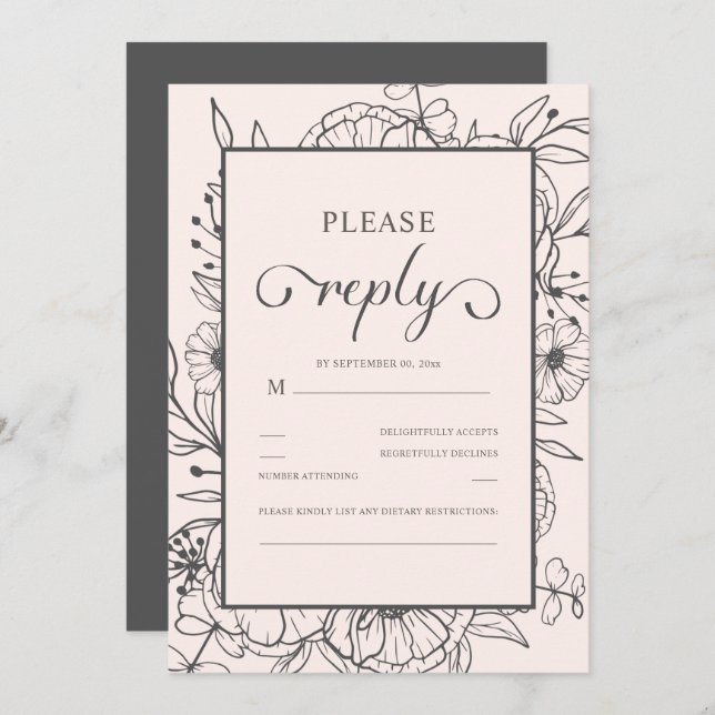Sketched Floral Chic Pink Wedding RSVP  (Front/Back)