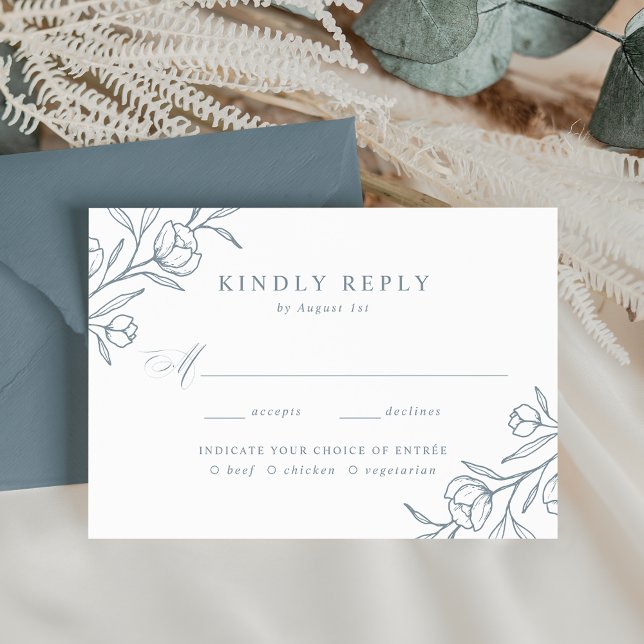 Sketched Floral Dusty Blue Meal Choice Wedding RSVP Card (Creator Uploaded)
