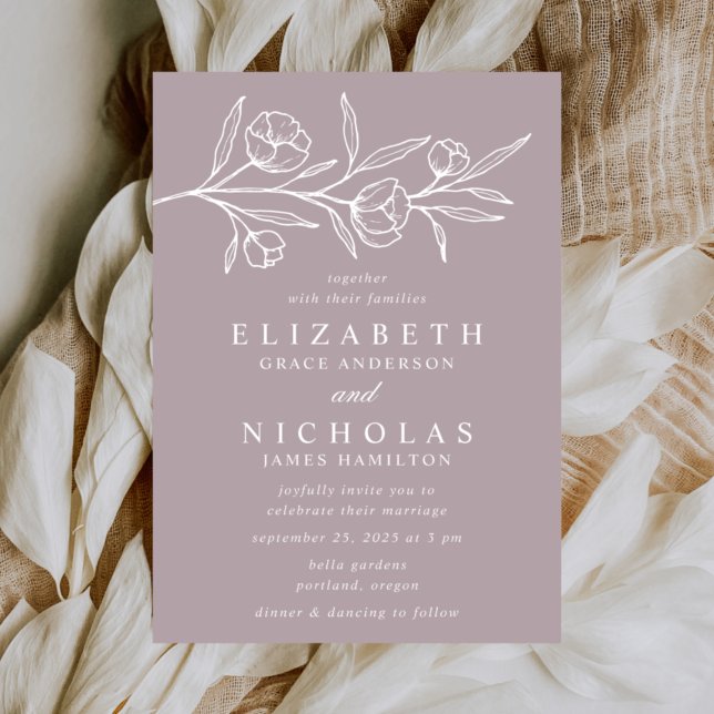 Sketched Floral Dusty Purple Wedding Invitation (Creator Uploaded)