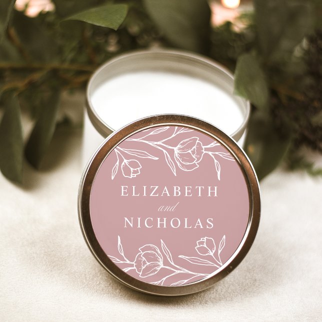 Sketched Floral Dusty Rose Wedding Classic Round Sticker (Creator Uploaded)