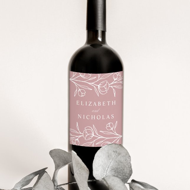 Sketched Floral Dusty Rose Wedding Wine Label (Creator Uploaded)