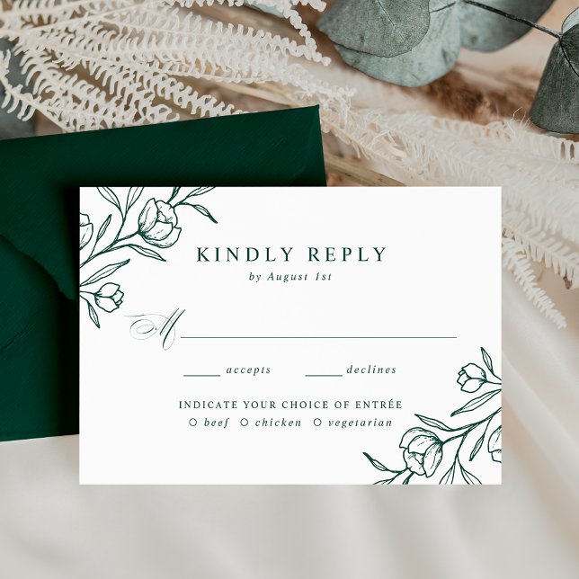 Sketched Floral Green Meal Choice Wedding RSVP Card (Creator Uploaded)