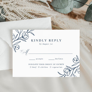 Sketched Floral Navy Meal Choice Wedding RSVP Card