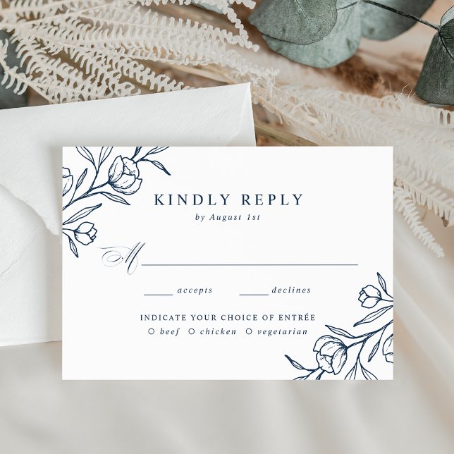 Sketched Floral Navy Meal Choice Wedding RSVP Card (Creator Uploaded)