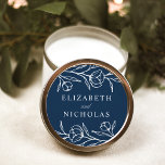 Sketched Floral Navy Wedding Classic Round Sticker<br><div class="desc">Elegant floral wedding stickers featuring white sketched flowers and leaves with a navy background. Personalise the sketched floral wedding stickers with your names. The floral stickers are perfect for sealing wedding envelopes,  wedding favours,  and more! Designed to coordinate with our Sketched Floral wedding collection.</div>