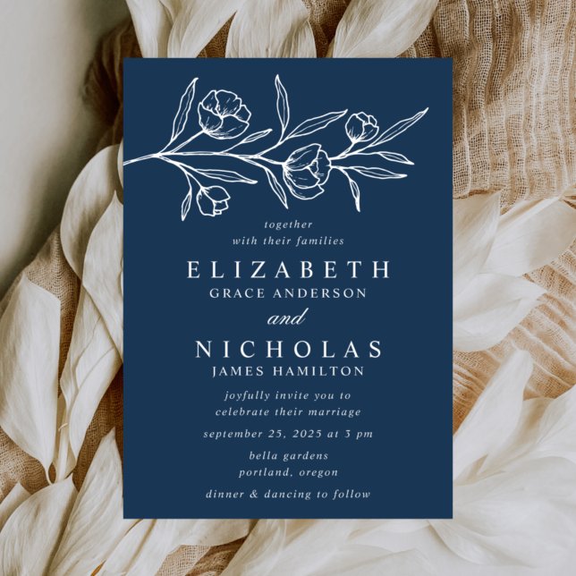 Sketched Floral Navy Wedding Invitation (Creator Uploaded)