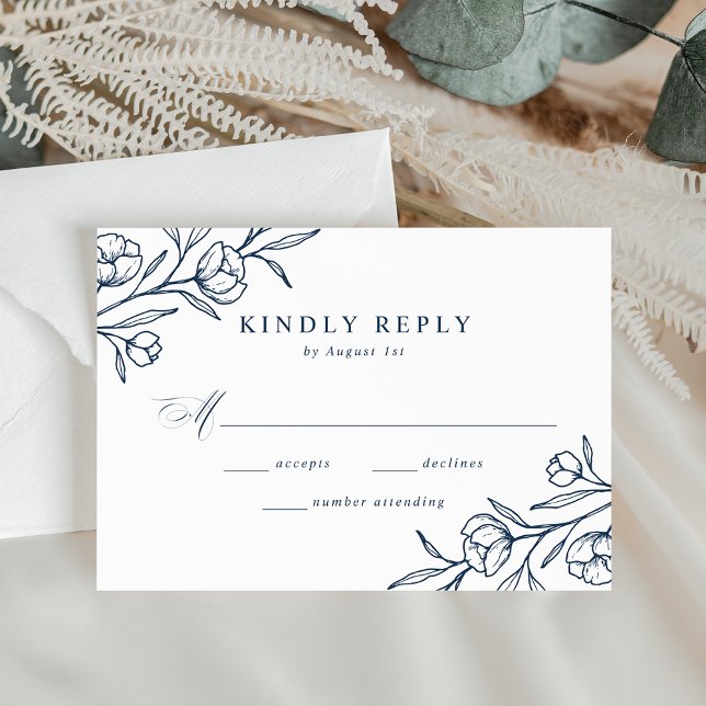 Sketched Floral Navy Wedding RSVP Card (Creator Uploaded)
