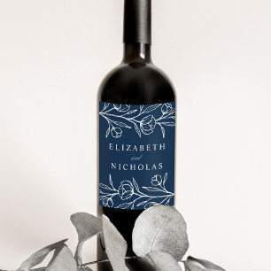 Sketched Floral Navy Wedding Wine Label