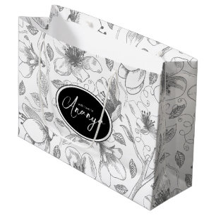 Sketched Floral Outline Pattern Black/Wht ID939  Large Gift Bag