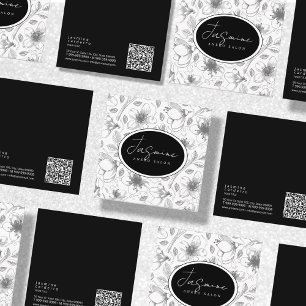 Sketched Floral Outline Pattern Black/Wht ID939 Square Business Card