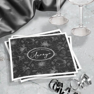 Sketched Floral Outline Pattern Gray/Blk ID939 Napkin