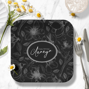 Sketched Floral Outline Pattern Gray/Blk ID939 Paper Plate