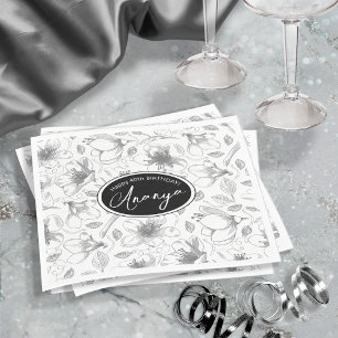 Sketched Floral Outline Pattern Gray/Wht ID939 Napkin