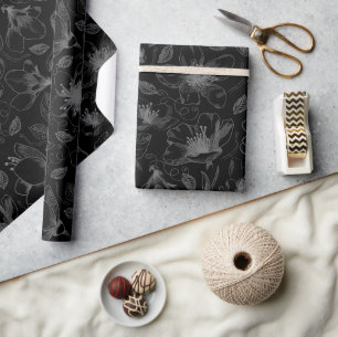 Sketched Floral Outline Pattern Grey/Black ID939 Wrapping Paper