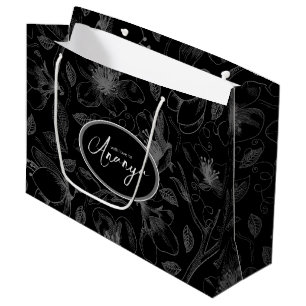 Sketched Floral Outline Pattern Grey/Blk ID939 Large Gift Bag