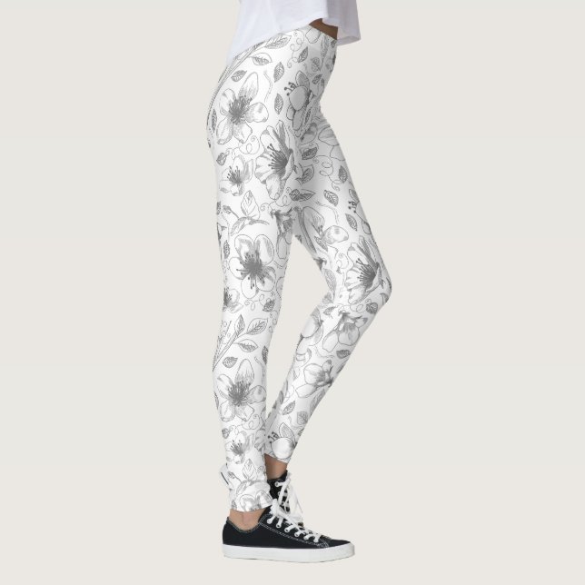 Sketched Floral Outline Pattern Grey/Wht ID939 Leggings (Right)