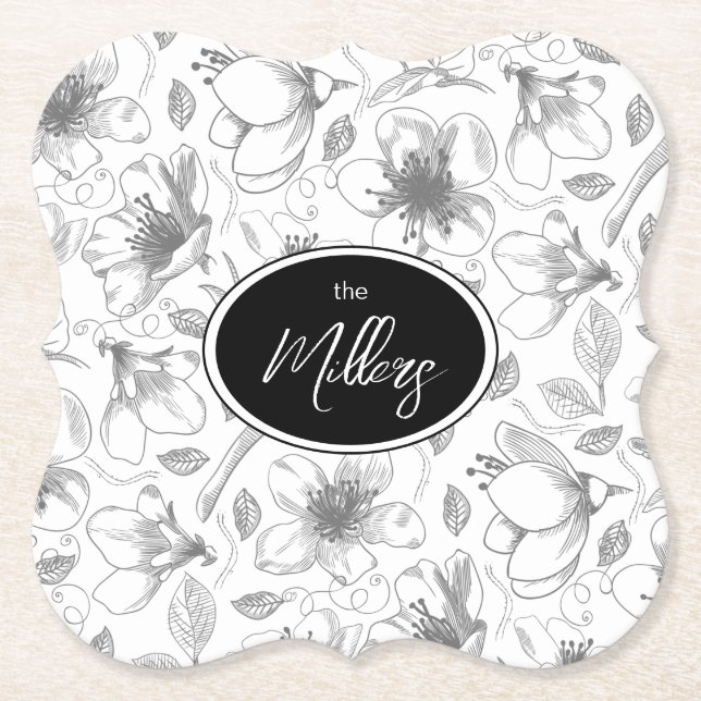 Sketched Floral Outline Pattern Grey/Wht ID939 Paper Coaster (Front)