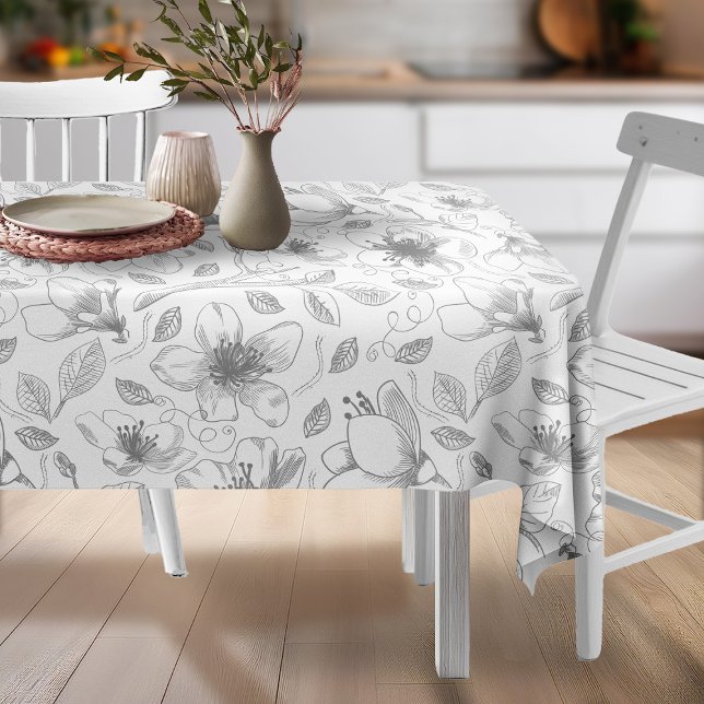 Sketched Floral Outline Pattern Grey/Wht ID939  Tablecloth (Creator Uploaded)