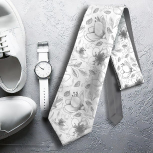 Sketched Floral Outline Pattern Grey/Wht ID939 Tie