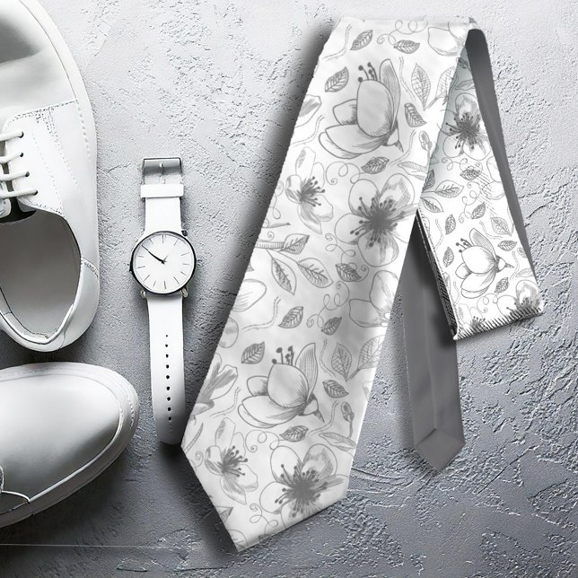 Sketched Floral Outline Pattern Grey/Wht ID939 Tie (Creator Uploaded)