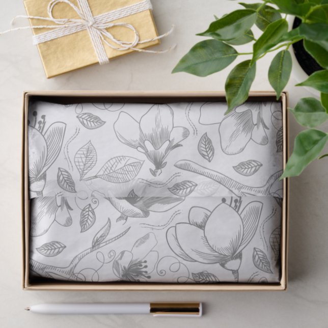 Sketched Floral Outline Pattern Grey/Wht ID939 Tissue Paper (Gift)