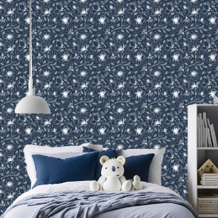 Sketched Floral Outline Pattern Wht/Navy ID939 Wallpaper