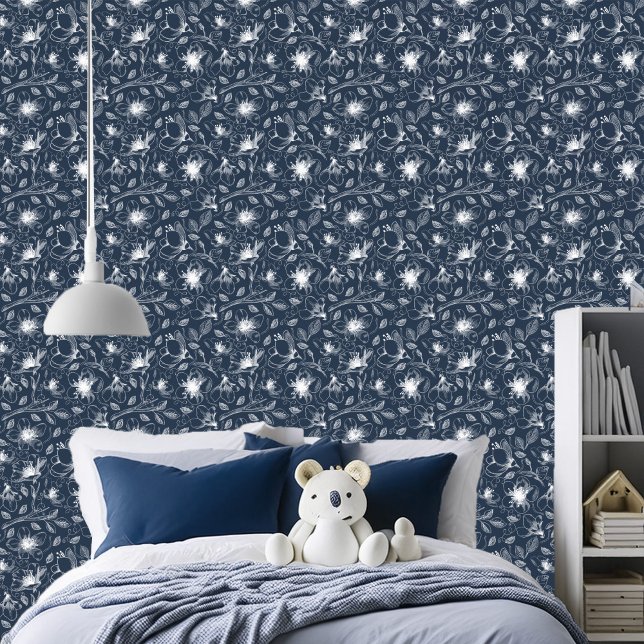 Sketched Floral Outline Pattern Wht/Navy ID939 Wallpaper (Creator Uploaded)