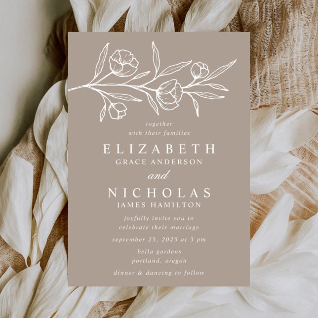 Sketched Floral Taupe Wedding Invitation (Creator Uploaded)