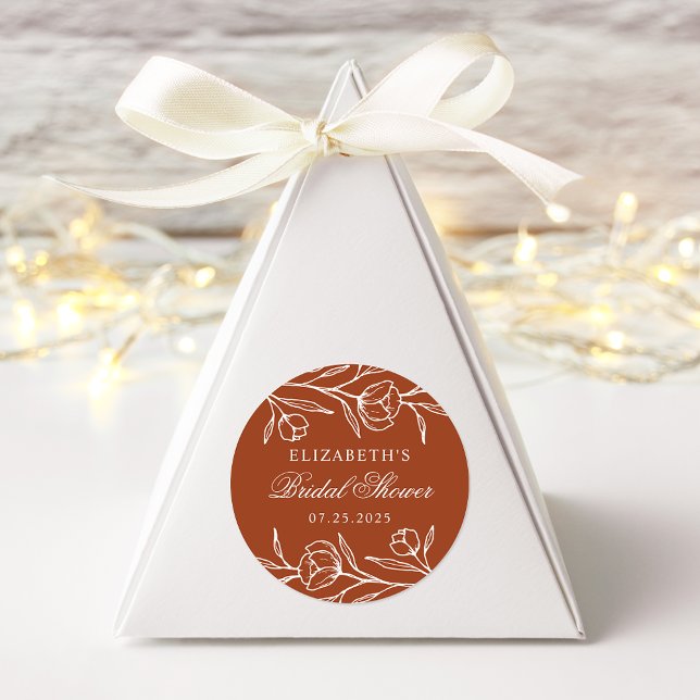 Sketched Floral Terracotta Bridal Shower Classic Round Sticker (Creator Uploaded)