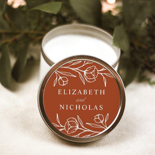 Sketched Floral Terracotta Wedding Classic Round Sticker (Creator Uploaded)