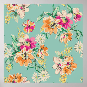 Sketched flower design in bright colours - seamles poster