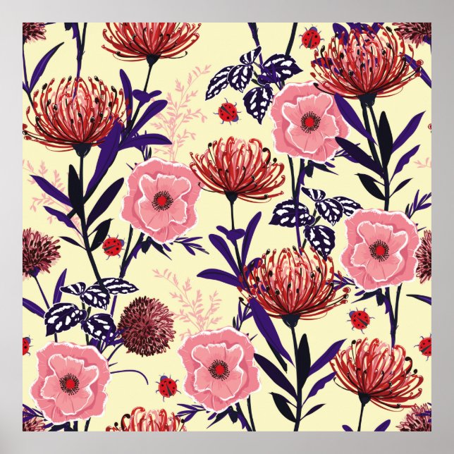 Sketched flower design in bright colours seamless  poster (Front)