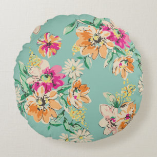 sketched flower in bright colors - seamless backgr round cushion