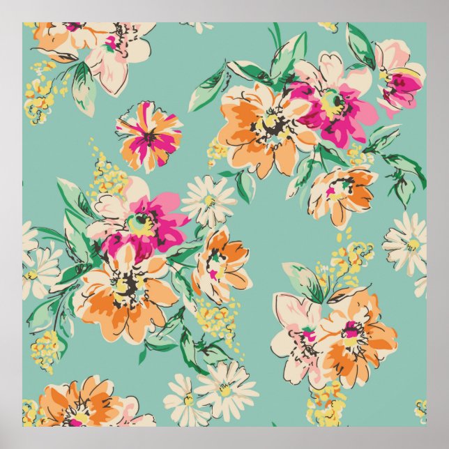 sketched flower in bright colours - seamless backg poster (Front)