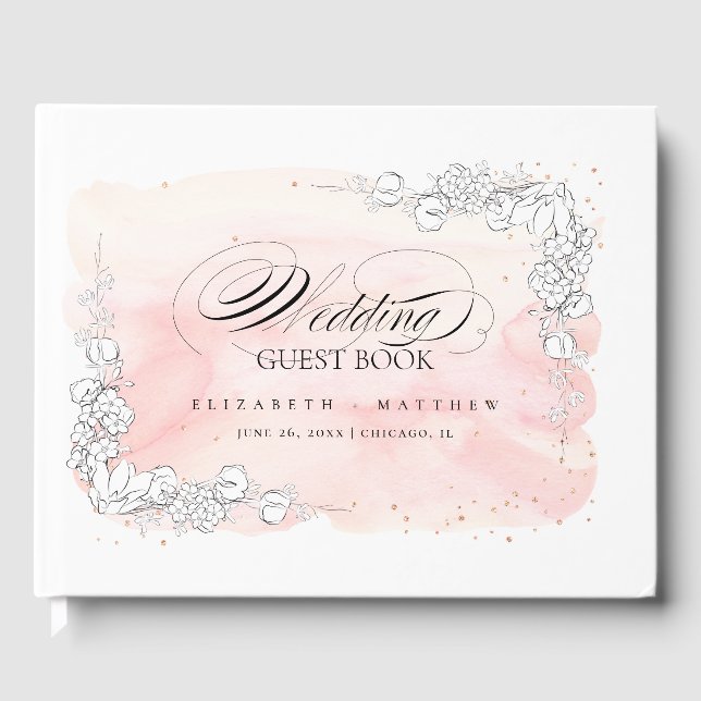 Sketched Flowers Blush Pink Watercolor Wedding Guest Book (Front)